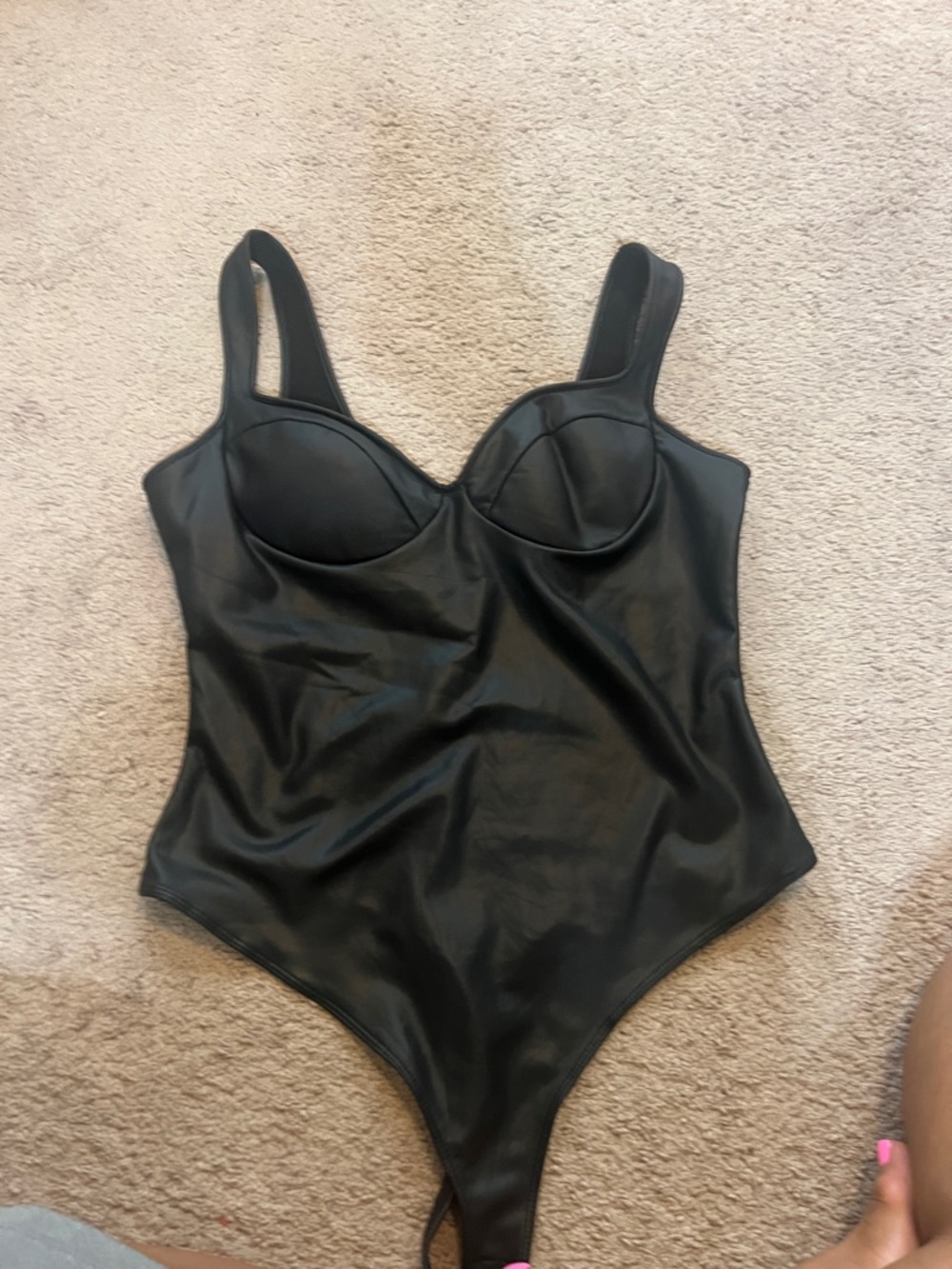 AKIRA Black Faux-Leather One-Piece Bodysuit